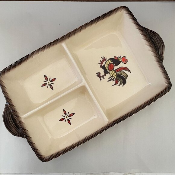 Metlox Vintage Poppytrail Red Rooster 3-Section Divided Ceramic Serving Dish USA - Picture 2 of 13